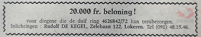 20.000 frank beloning 20.000 frank beloning