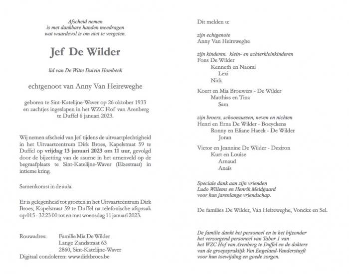 Rouwbrief Jef De Wilder