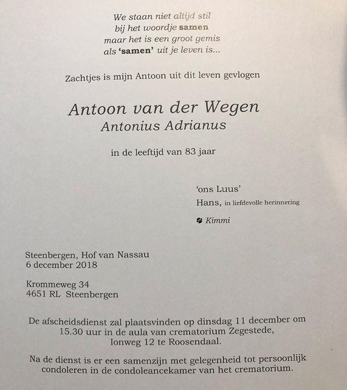 Overlijdensbericht dhr. Antoon van der Wegen